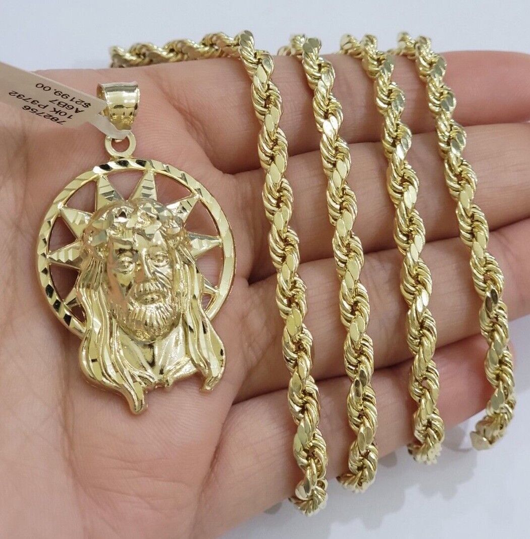 10kt Gold Rope Chain Jesus Head Charm Pendant Set 18 - 30'' Inch 5mm Necklace SALE - GoldenlinQ